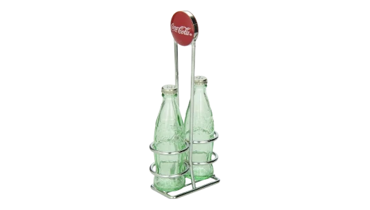 Coca-Cola Salt & Pepper Shaker Set with Chrome Plated Metal Rack