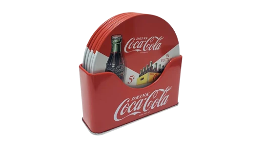 Coaster Set with Standing Metal Holder 6 Pieces - Red