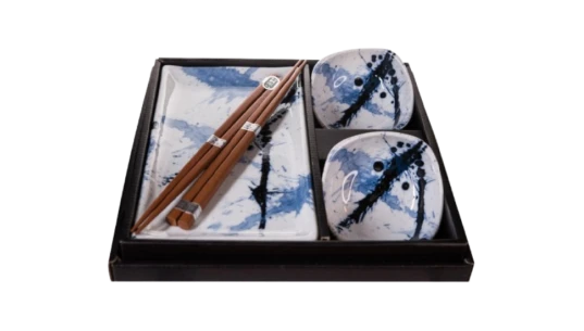 Sushi Set Blue & White Splash 4 pcs with Chopsticks