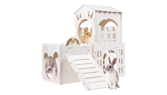 Wooden Bunny Castle with 3 Houses Indoor - White