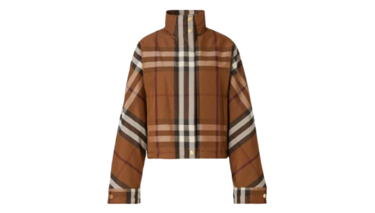 Check Funnel-Neck Cropped Jacket - Brown
